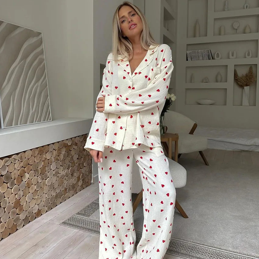 Kuscheliges 2-teiliges Damen-Schlafanzug-Set für den Winter – Langarm-Pyjama mit süßem Herzmuster