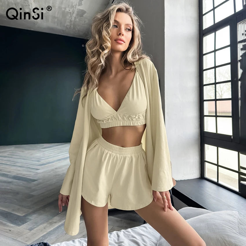 QINSI Sexy 3-teiliges Schlafanzug-Set für Damen aus Baumwolle – bestehend aus einfarbigem Morgenmantel, sexy Shorts und Oberteil; atmungsaktive, weiche Nachtwäsche