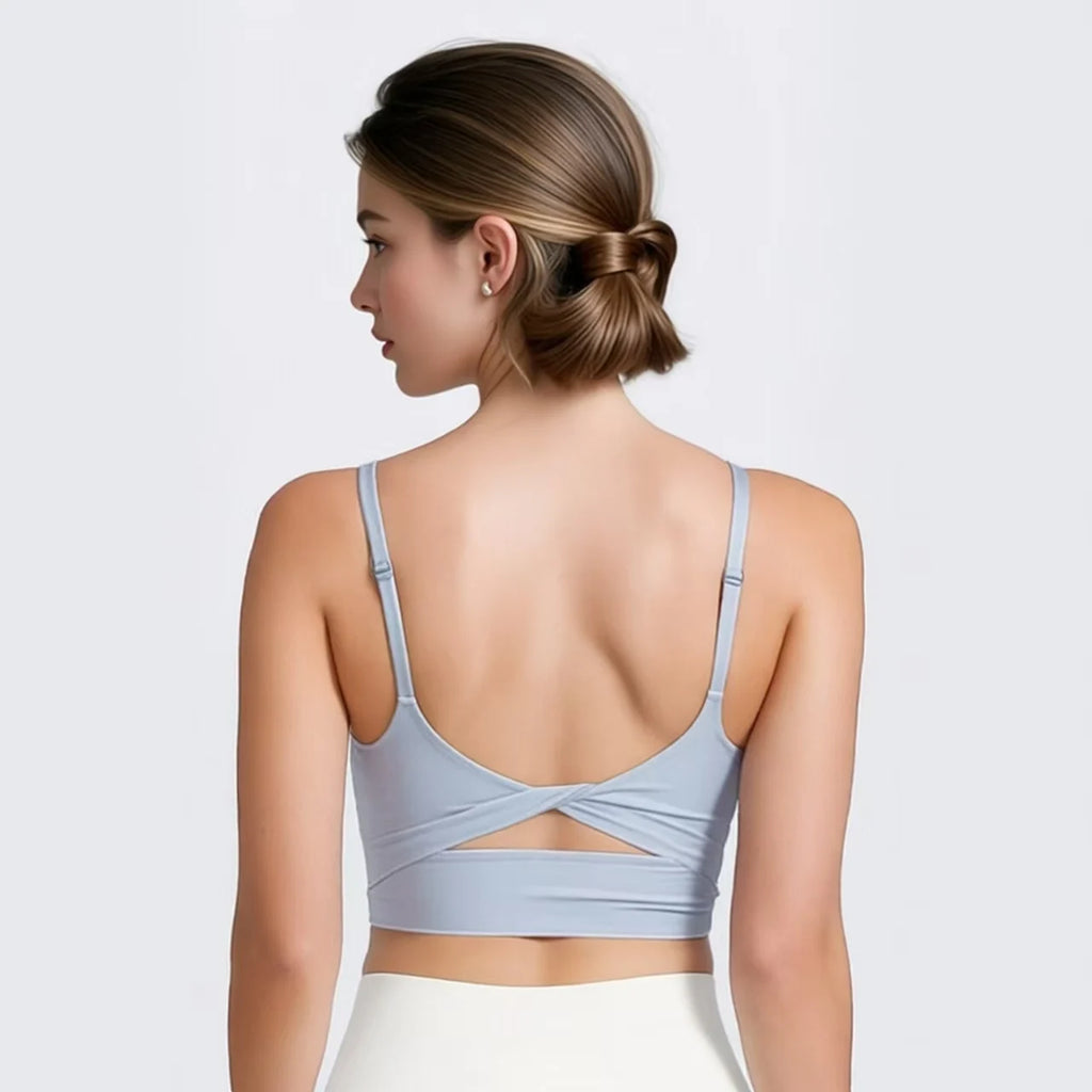 Sport-Top für Damen mit U-Ausschnitt, „Naked-Feeling“-Material, verdrehtem Knoten-Detail, figurbetontem Schnitt und offenem Rücken – figurformende Fitness-Unterwäsche für den Sommer