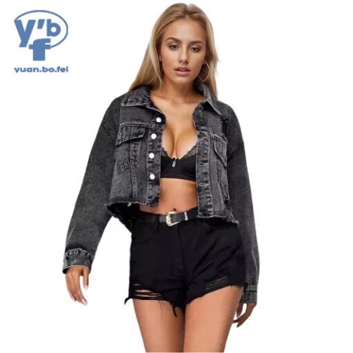 YUANBOFEI Damen-Jeansjacke (Cropped-Schnitt) im Baggy-Fit – Lässige Streetwear-Jacke mit Destroyed-Effekten und ausgefranstem Saum
